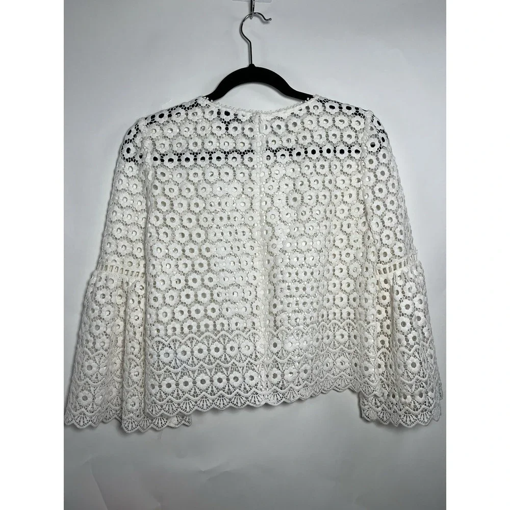 J CREW White Daisy Lace Boxy Top Blouse Bell-Sleeve Sz 2 Boho Floral‎ Whimsy